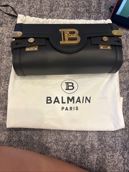 Balmain Handbags - Balmain Black Leather Barrel Clutch with Gold TB Emblem